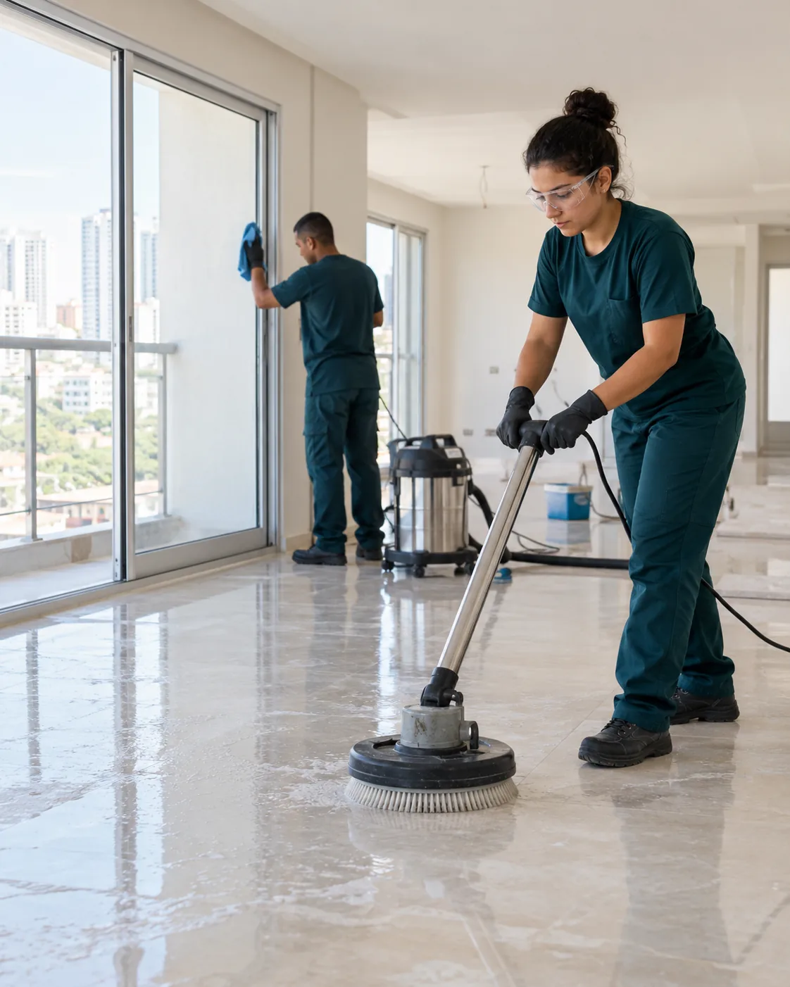 Profissional uniformizada realizando limpeza pós-obra de apartamento