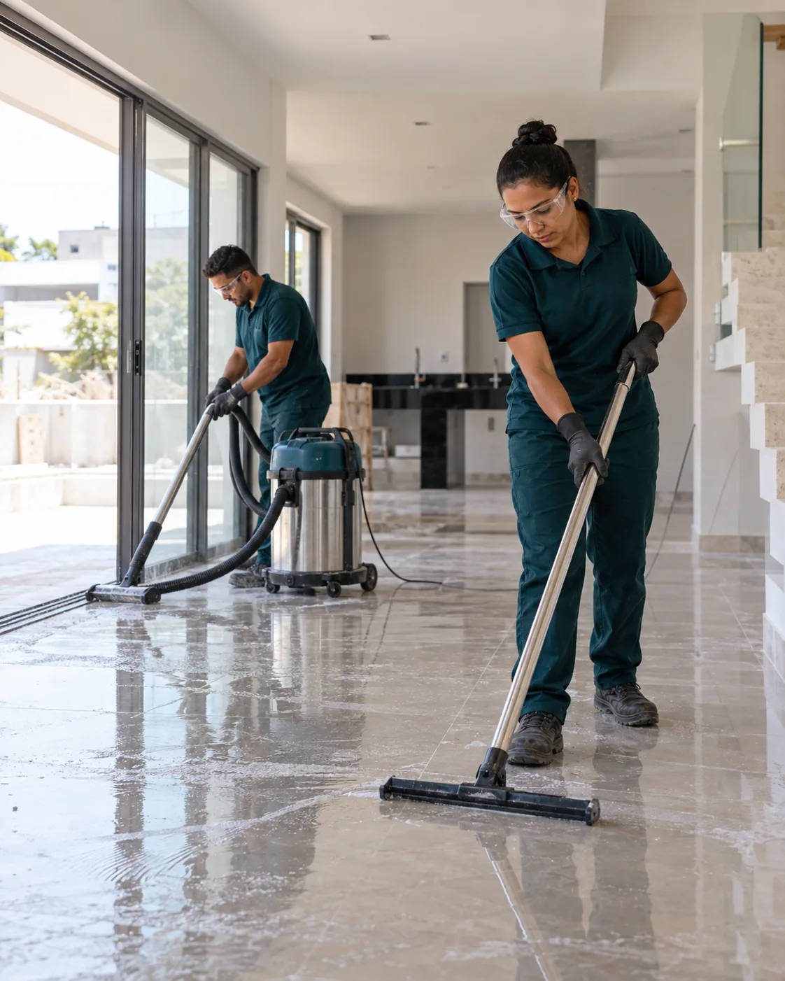 Profissional uniformizada realizando limpeza pós-obra de casa