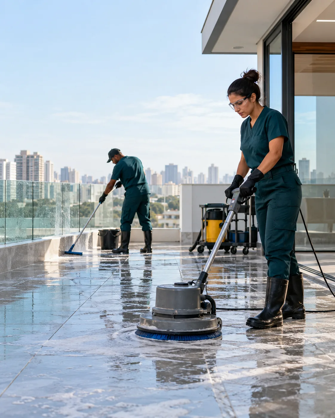 Profissional uniformizada realizando limpeza pós-obra de cobertura