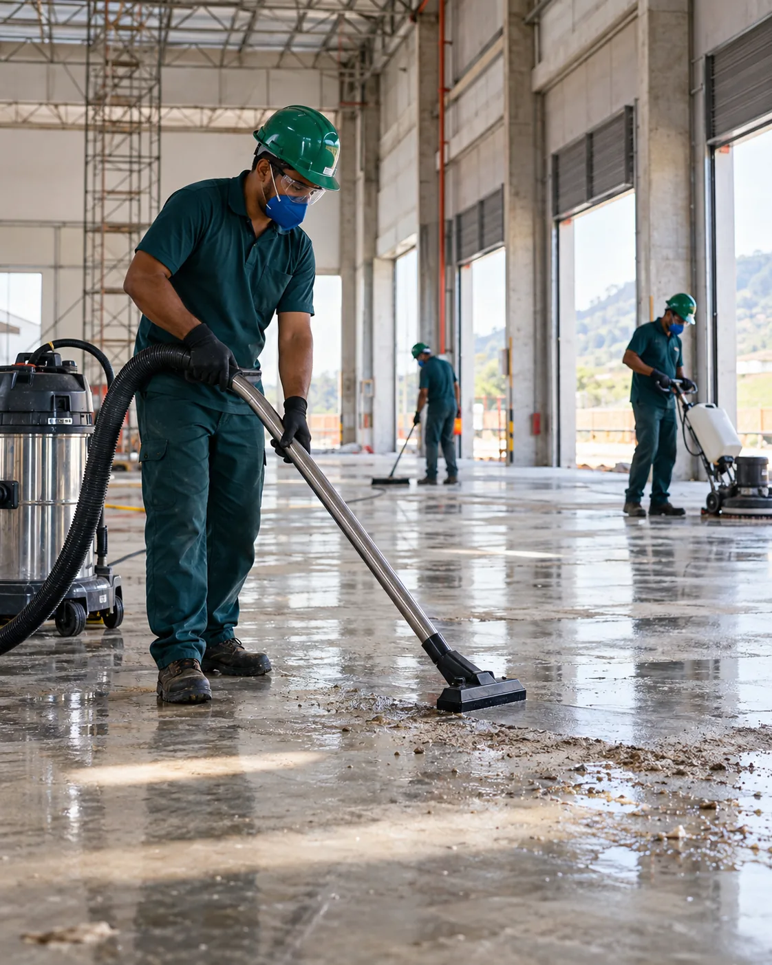 Profissional uniformizada realizando limpeza pós-obra de galpão