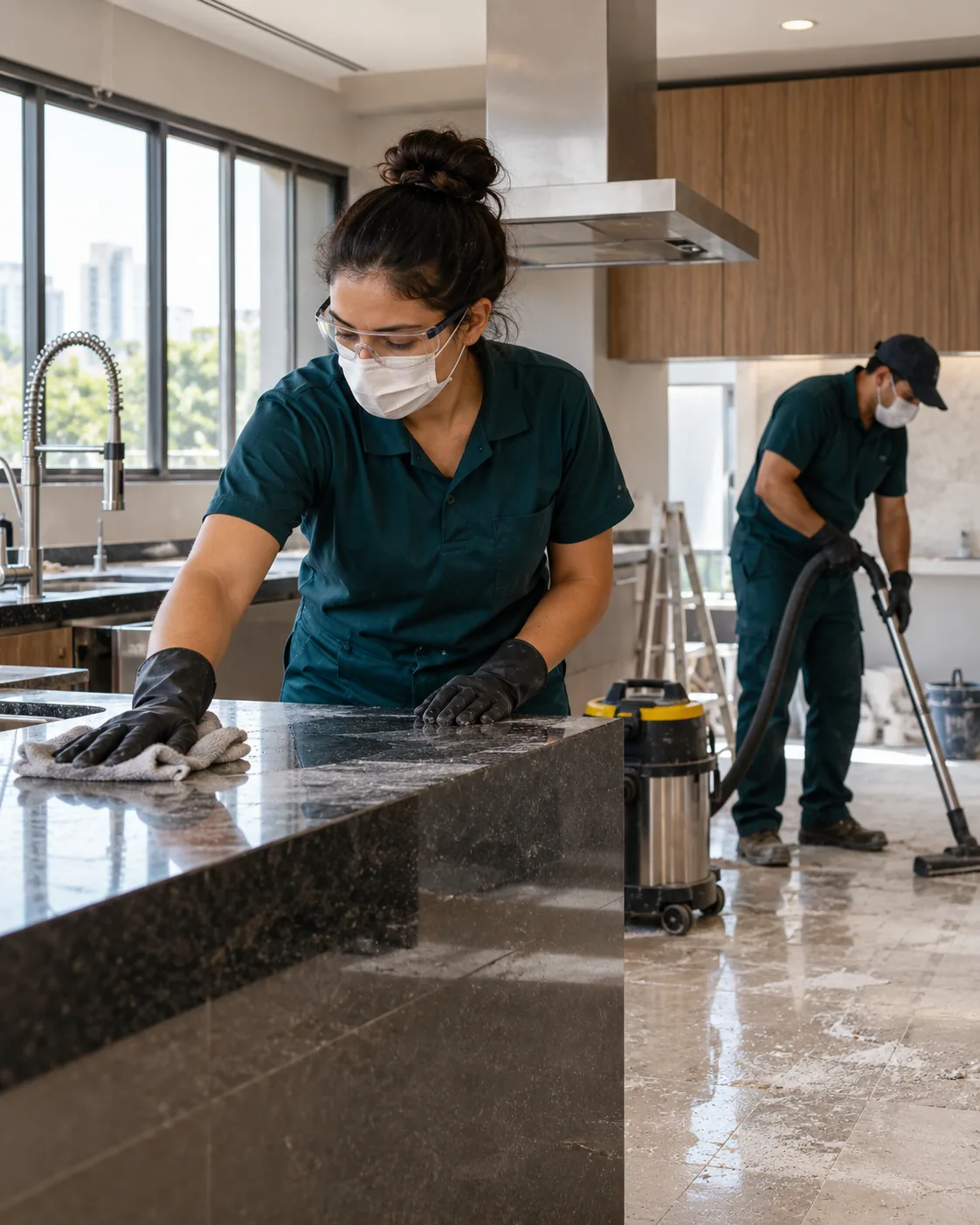Profissional uniformizada realizando limpeza pós-reforma de cozinha