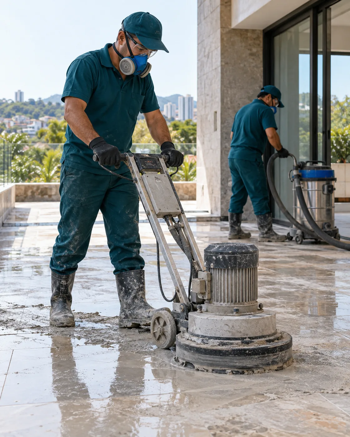 Profissional uniformizada realizando remoção de cimento seco