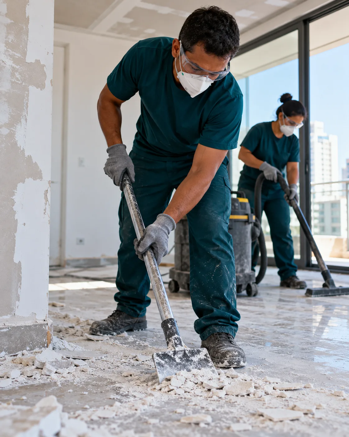 Profissional uniformizada realizando remoção de resíduo de gesso