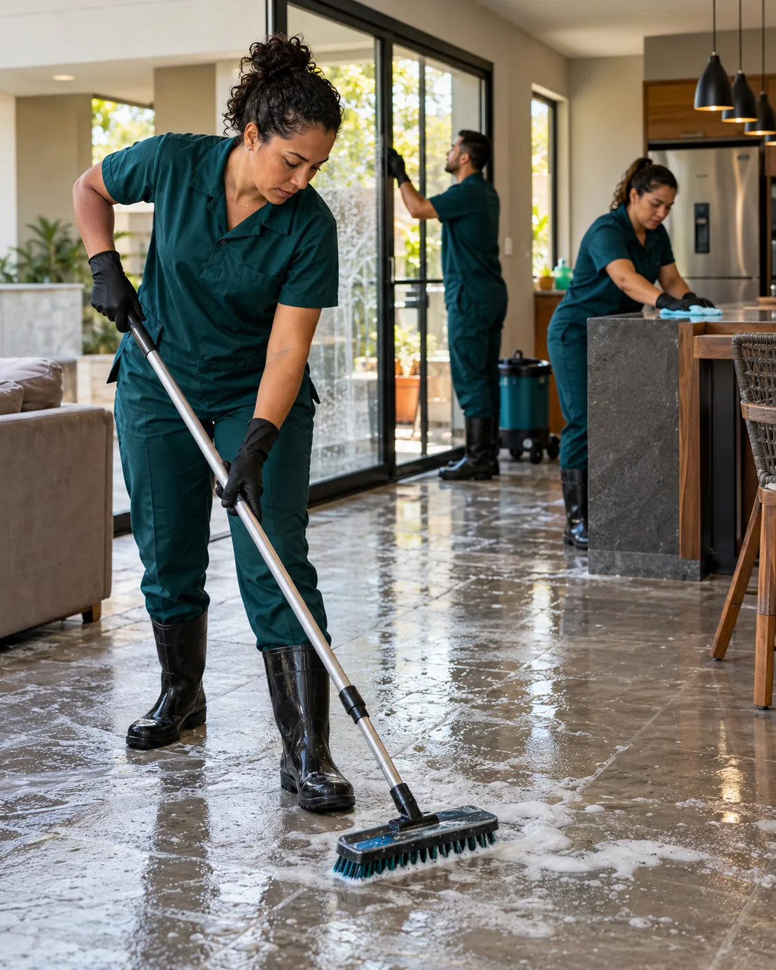 Profissional uniformizada realizando faxina pesada