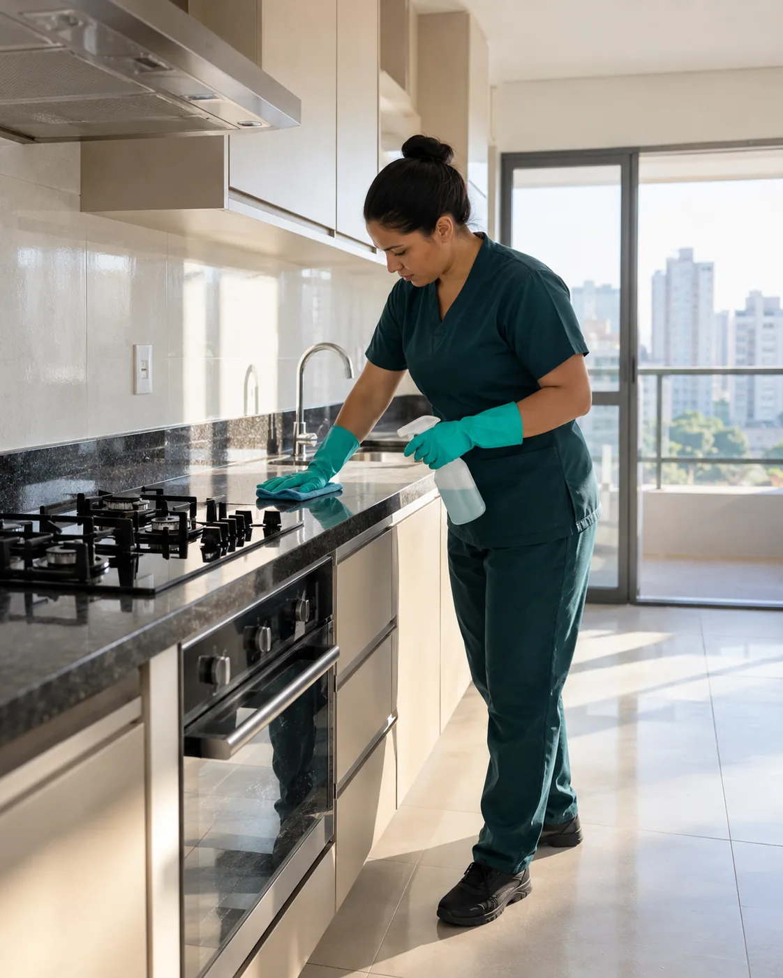 Profissional uniformizada realizando limpeza residencial
