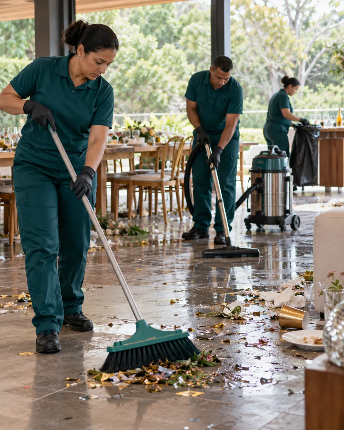 Profissional uniformizada realizando limpeza pós-festa