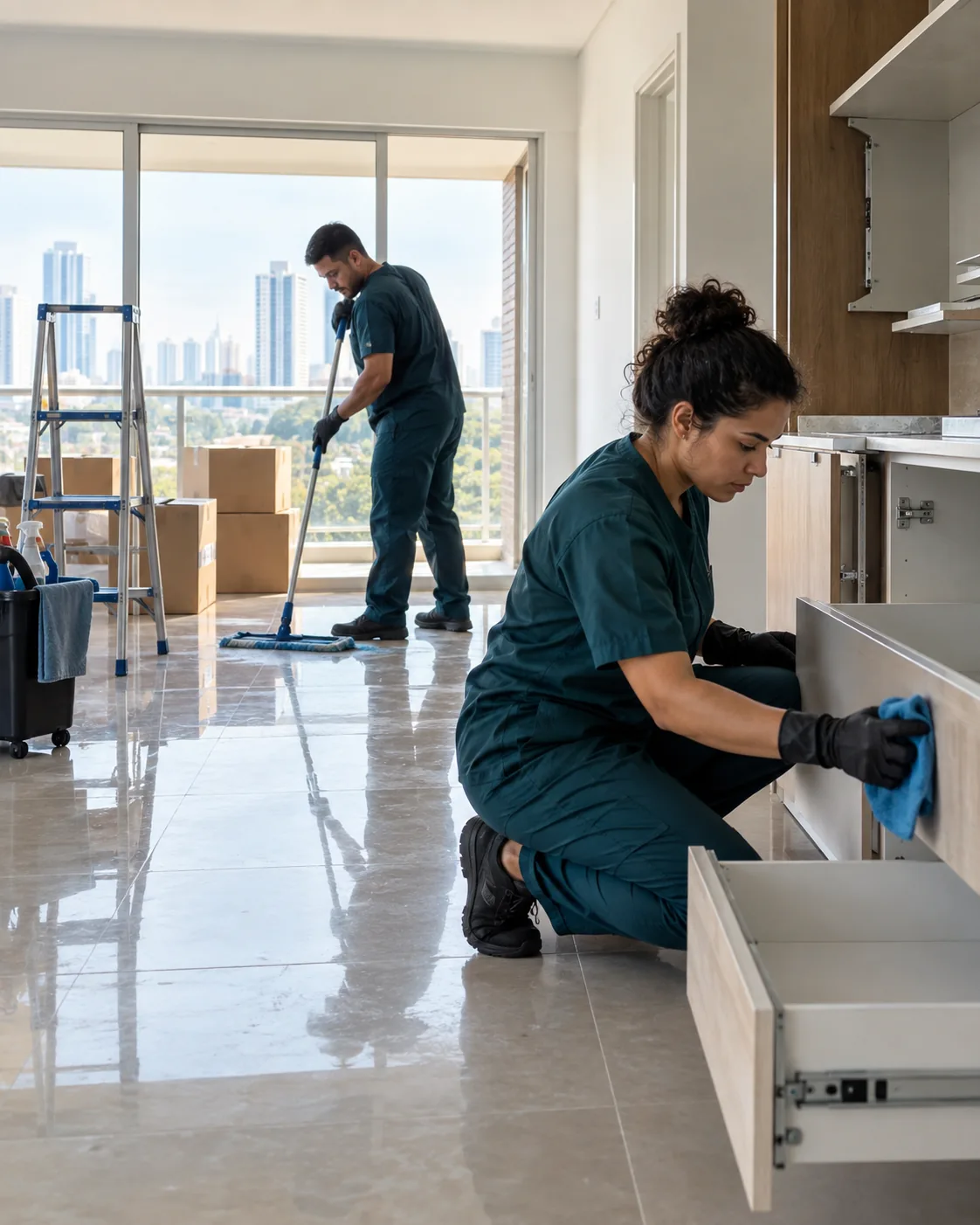 Profissional uniformizada realizando limpeza pós-mudança