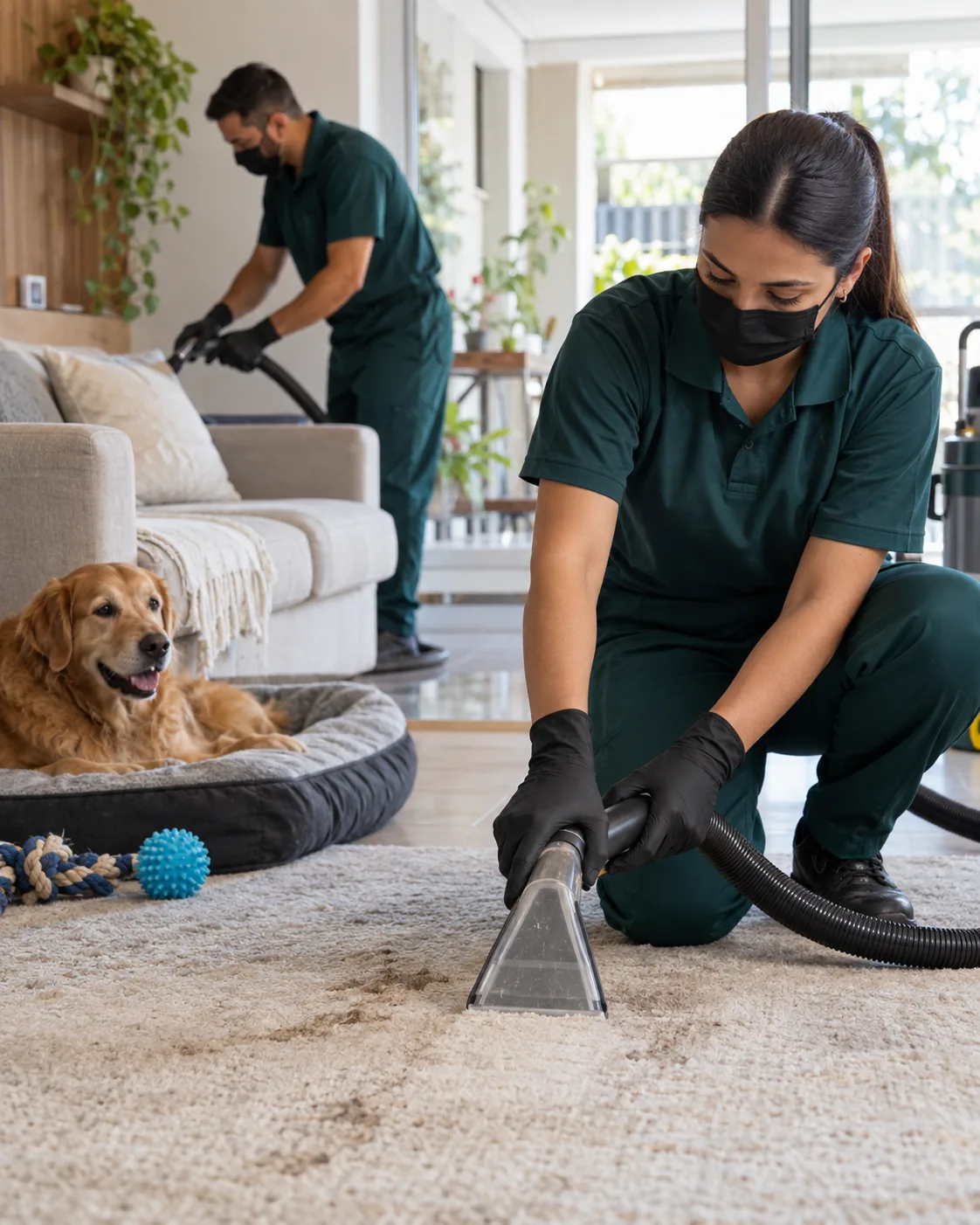 Profissional uniformizada realizando limpeza pós-pet