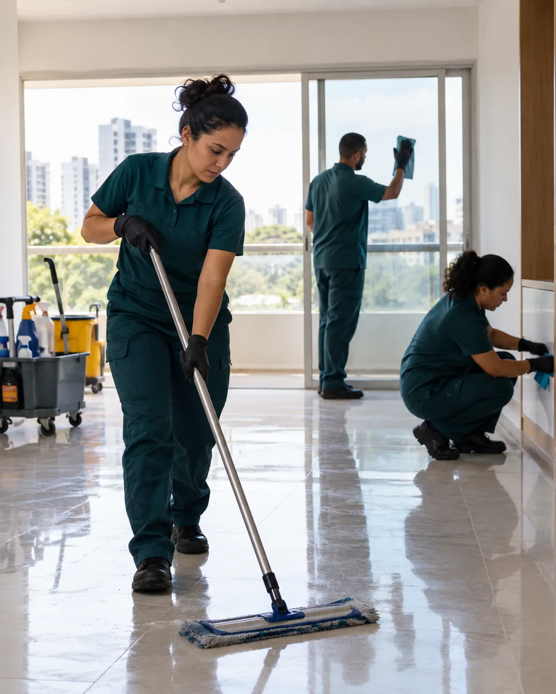 Profissional uniformizada realizando limpeza pré-mudança