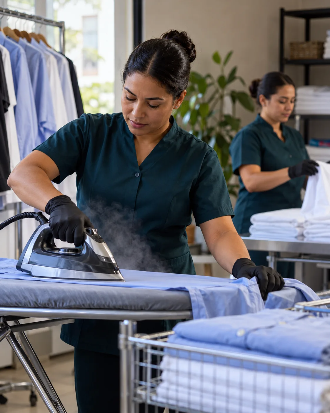 Profissional uniformizada realizando passadoria de roupas